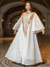 Arab Dubai Mesh Sequins Embroidery Evening Robe For Women Jalabiyat Muslim Turkish Casual Loose Long Sleeve Clothing White Dress